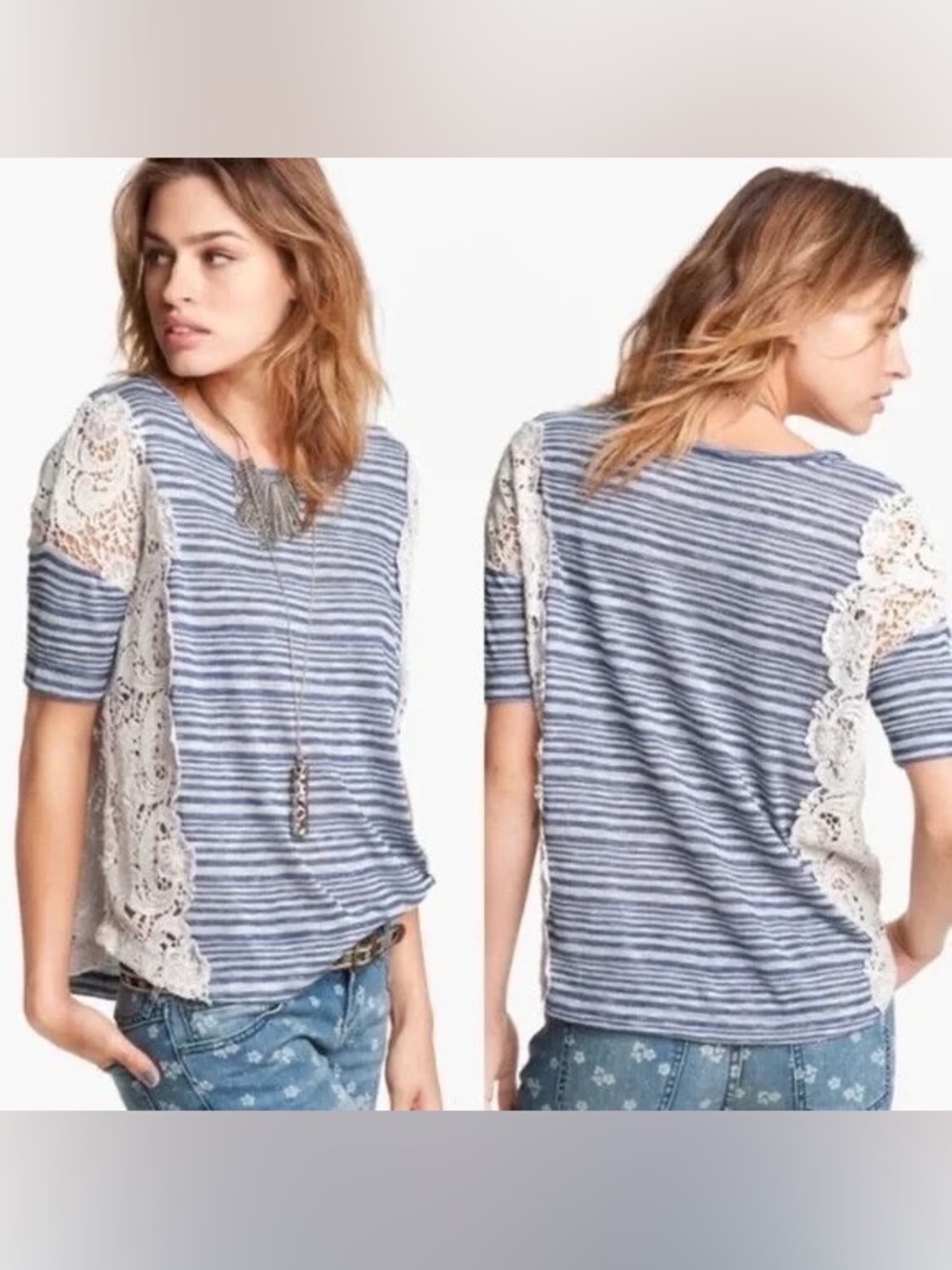 We The Free Blue Striped Tee with Cream Lace Side Panels